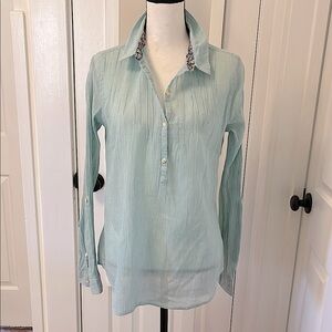 Anthropologie Cotton Long Sleeve Lace & Floral Trim Mint Color Longer Length EUC